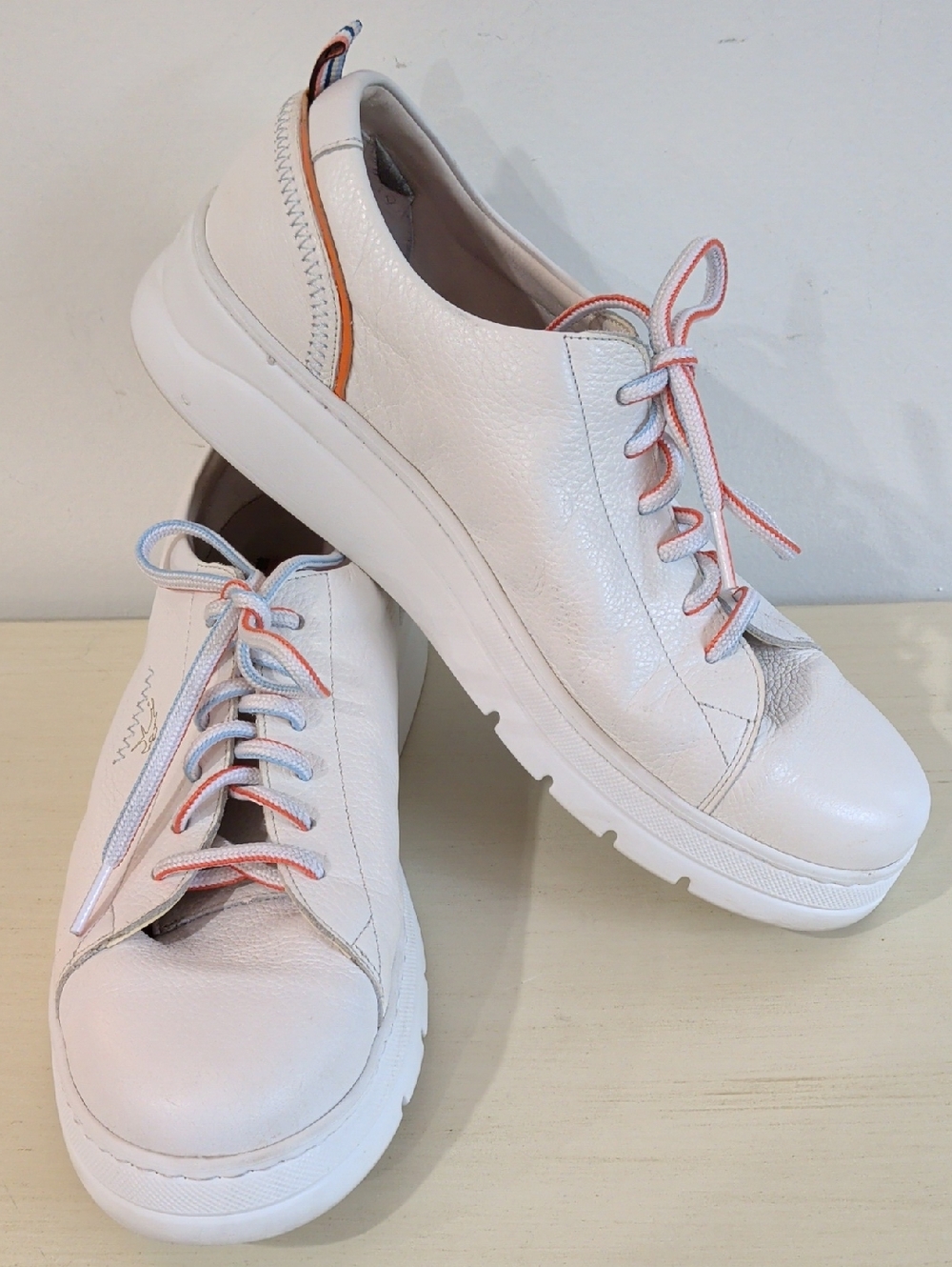 Fluchos White Leather Lace-Up Sneakers with Orange Trim And Rubber Soles Size 41